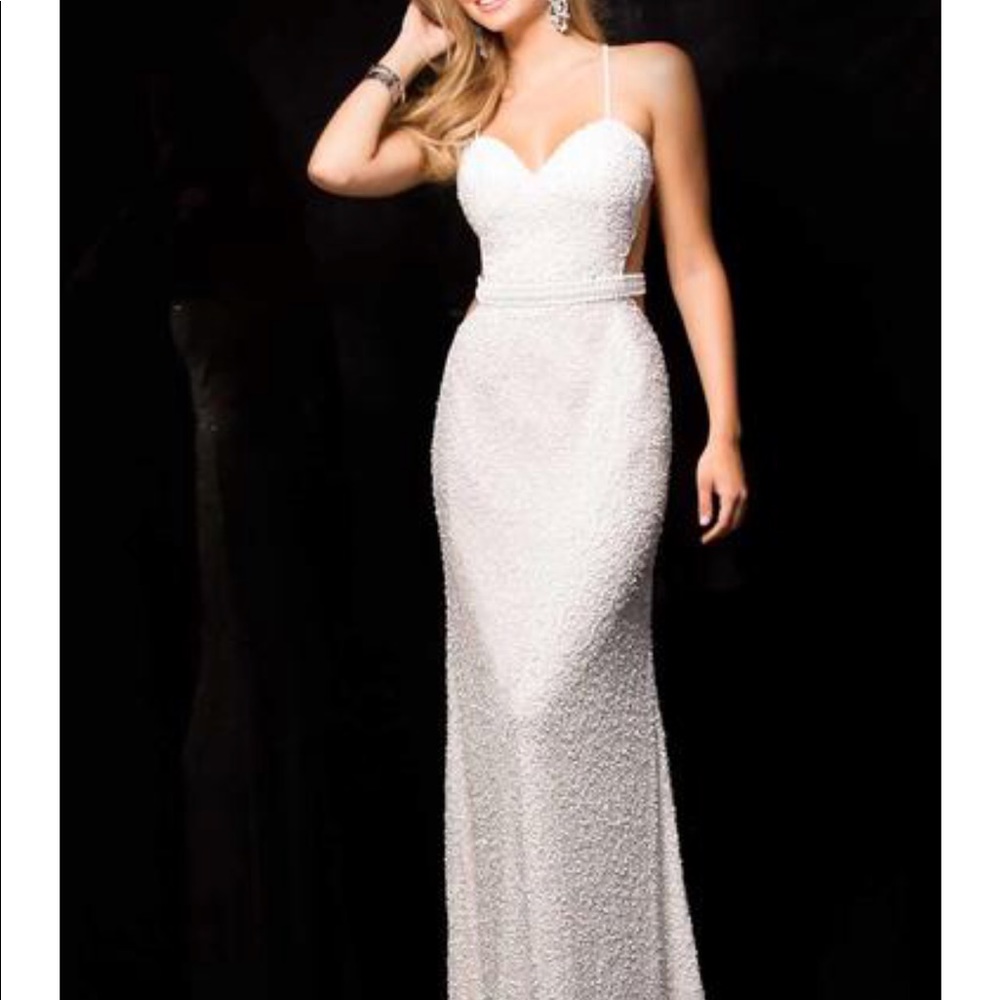 Sequin and beaded long white prom dress